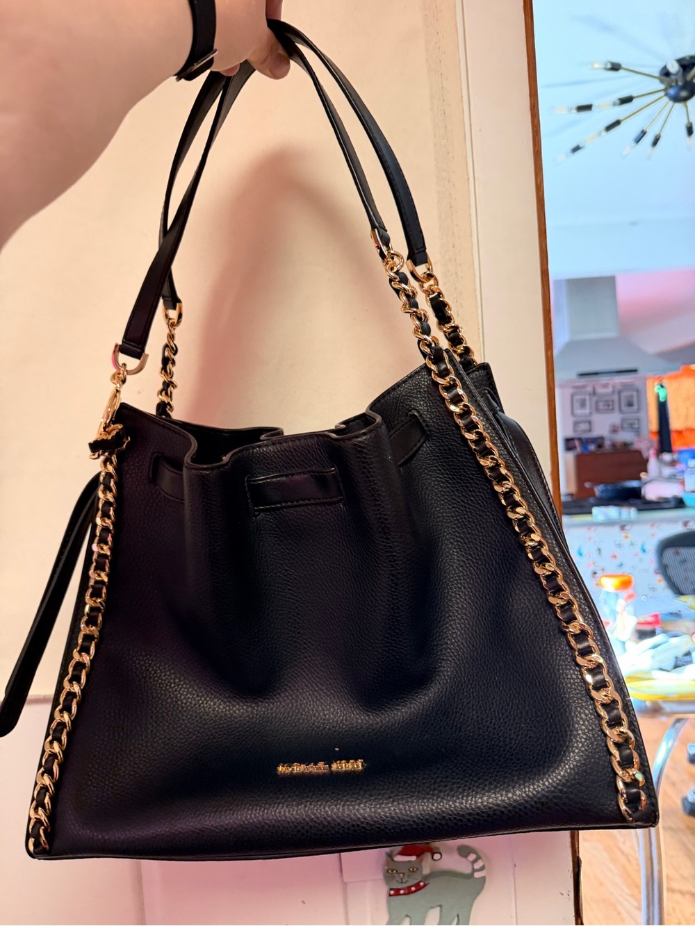 Michael Kors Black Leather Shoulder Bag with Gold Chain Trim